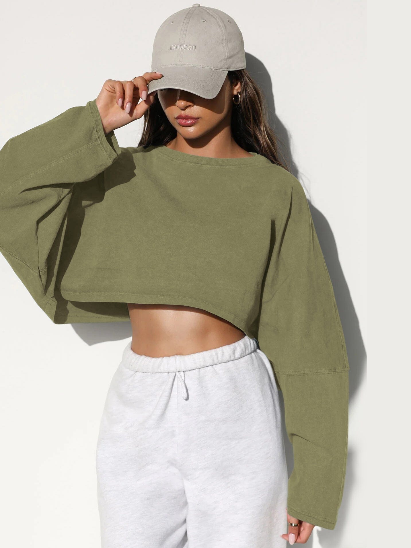 Emblem Long Sleeves Crop Top Top Starlethics Olive Green XS