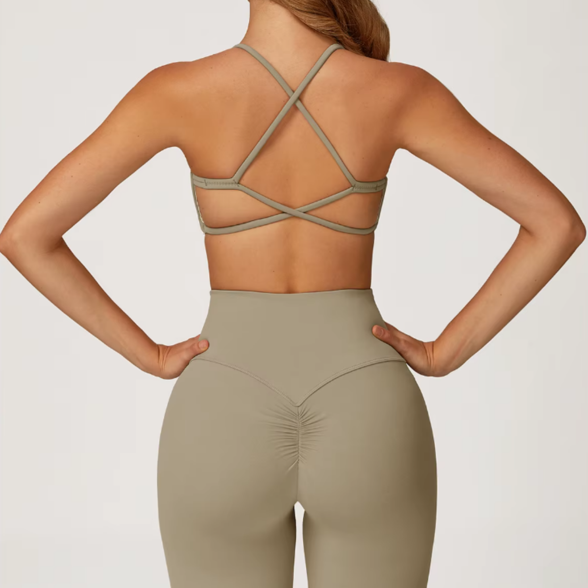 Elara Cross-Back Bra in Camel Brown back view