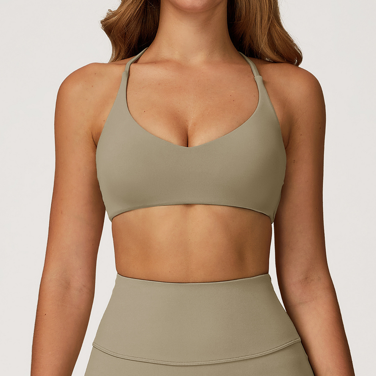 Elara Cross-Back Bra in Camel Brown front view
