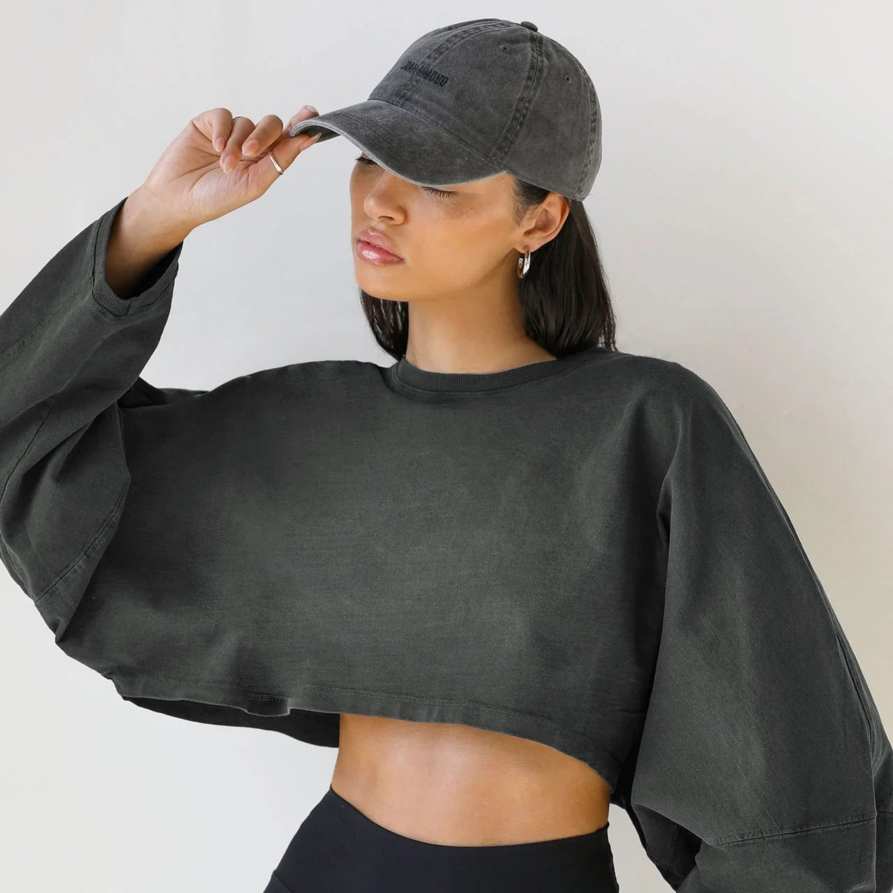 Emblem Long Sleeves Crop Top Top Starlethics Dark Charcoal Gray XS