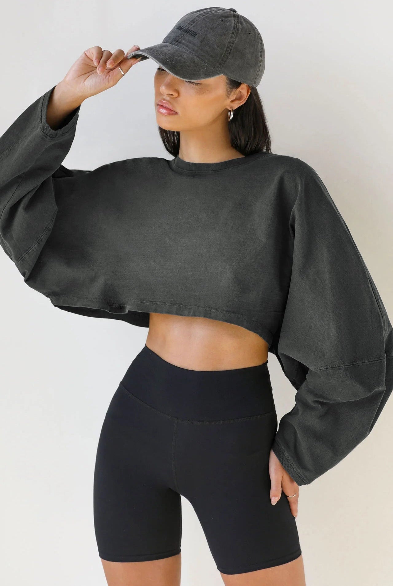 Emblem Long Sleeves Crop Top Top Starlethics Dark Charcoal Gray XS