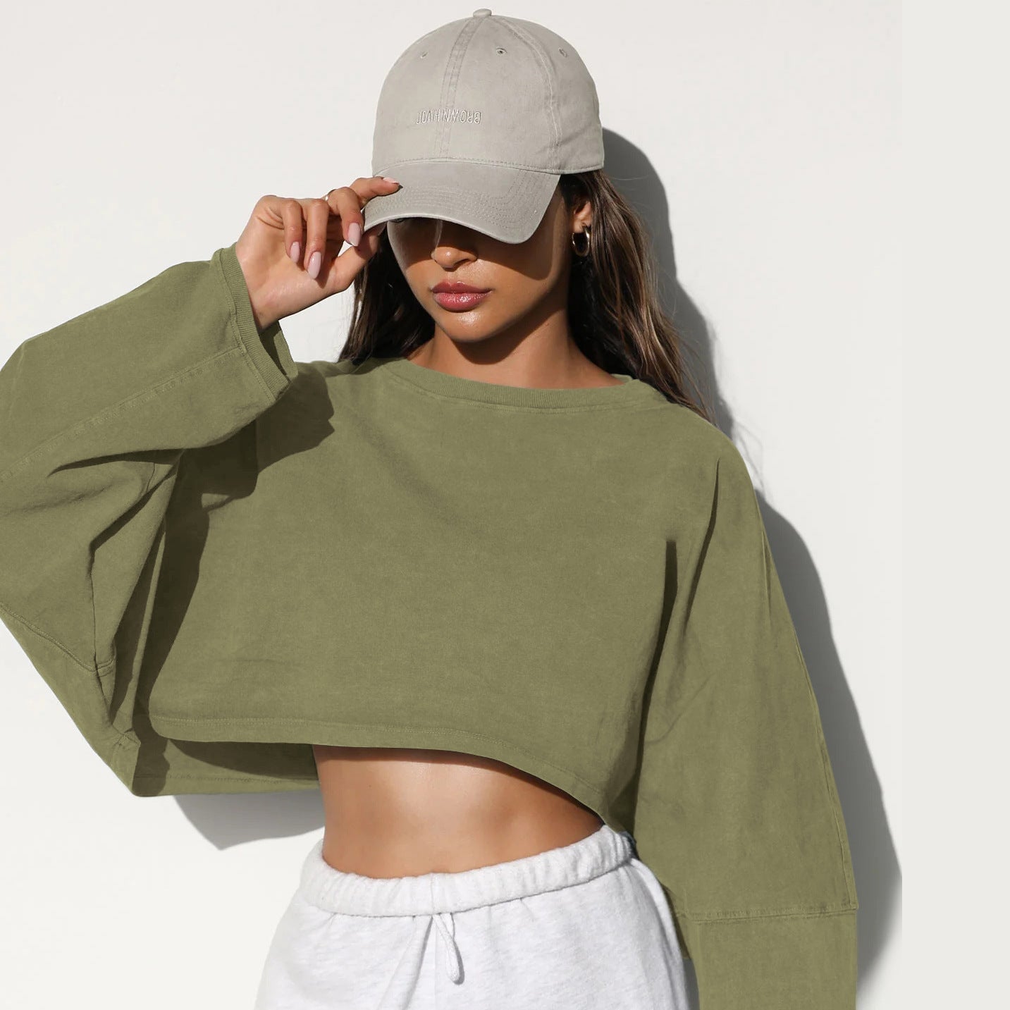 Emblem Long Sleeves Crop Top Top Starlethics Olive Green XS