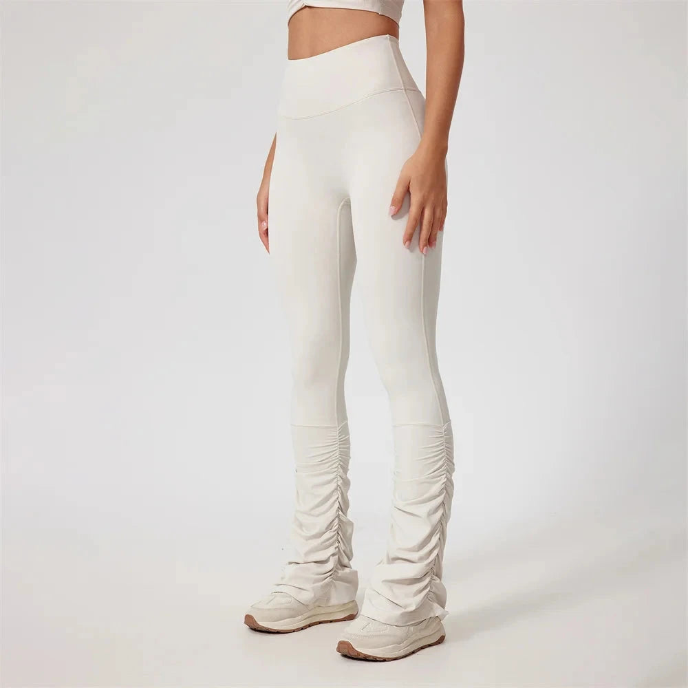 6. 1/2PCS Falten Yoga Set Frauen Sportswear Workout Hose Gym Mini Flare Legging Fitness Bh Crop Top Sport anzüge Sportlich Aktive Tragen Starlethics beige pant L