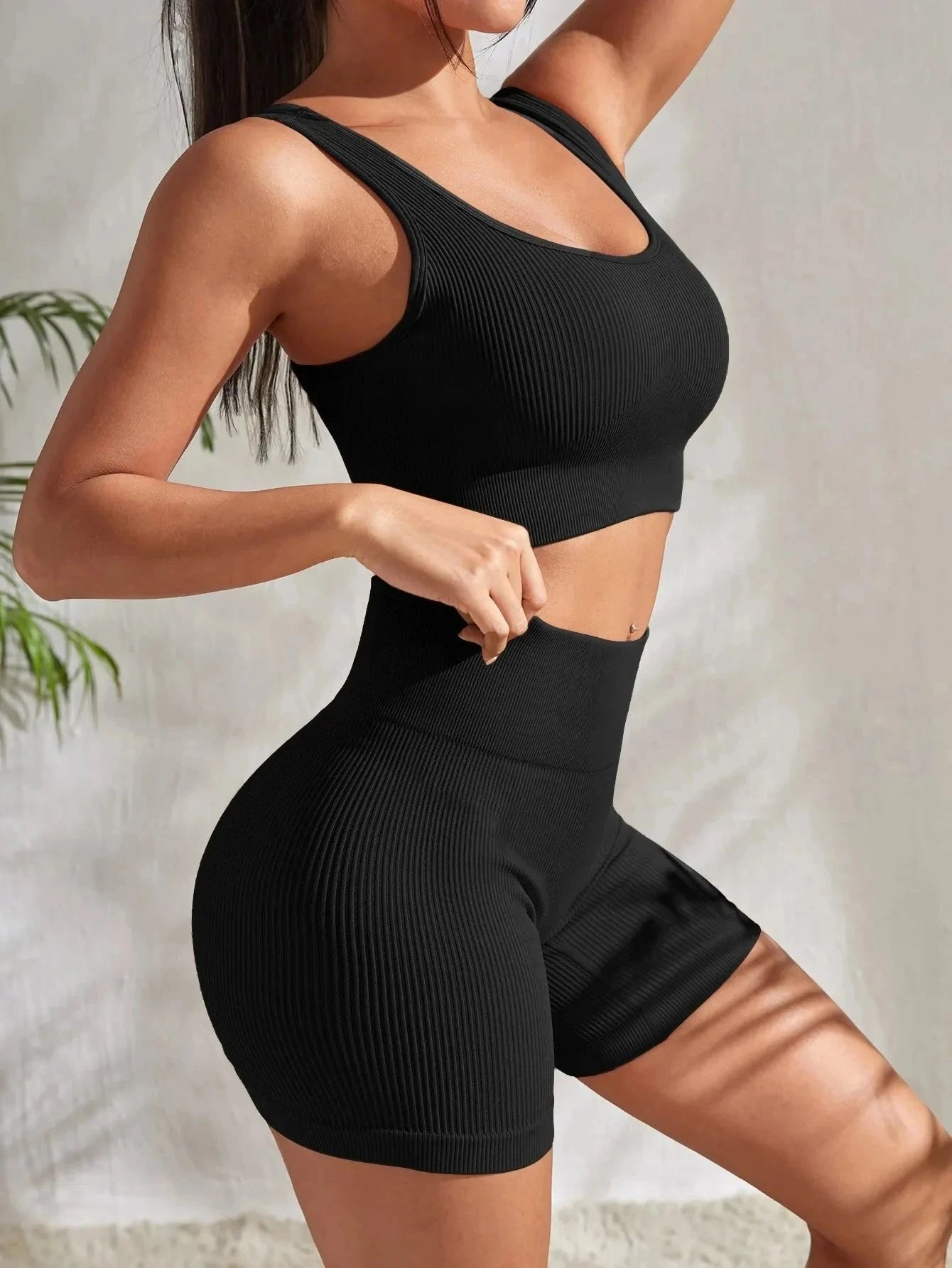 8. Nahtlose gerippte Yoga-Sets Trainings sets für Frauen 2-teilige Fitness anzüge gerippte Ernte Tank Shorts mit hoher Taille Outfits Fitness Laufen Starlethics Black L