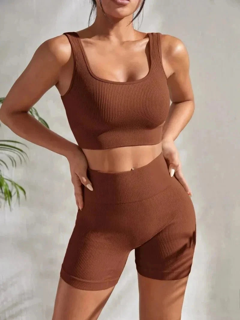 8. Nahtlose gerippte Yoga-Sets Trainings sets für Frauen 2-teilige Fitness anzüge gerippte Ernte Tank Shorts mit hoher Taille Outfits Fitness Laufen Starlethics BROWN L