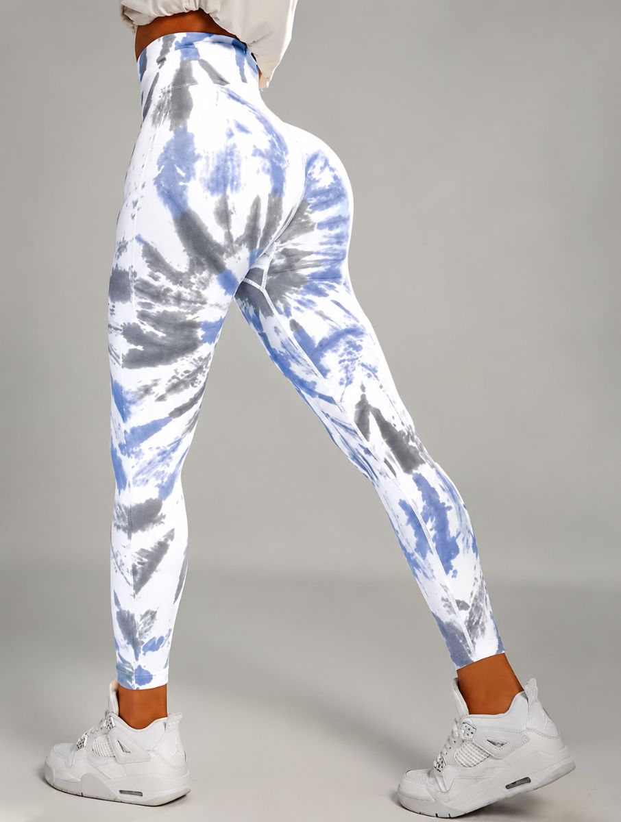 Seamless Tie-Dye Scrunch Leggings in blue, shown in a back pose with a tie-dye pattern.