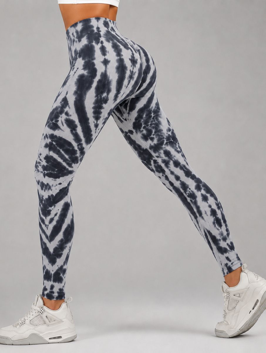 Seamless Tie-Dye Scrunch Leggings in grey, shown in a back pose with a tie-dye pattern.