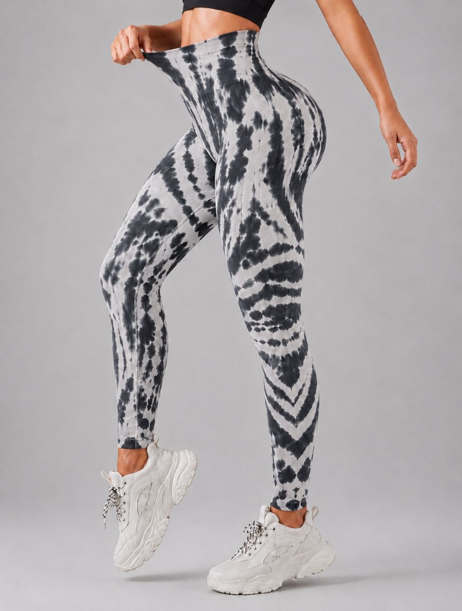 Seamless Tie-Dye Scrunch Leggings in grey, shown in a stretch waistband pose with a tie-dye pattern.