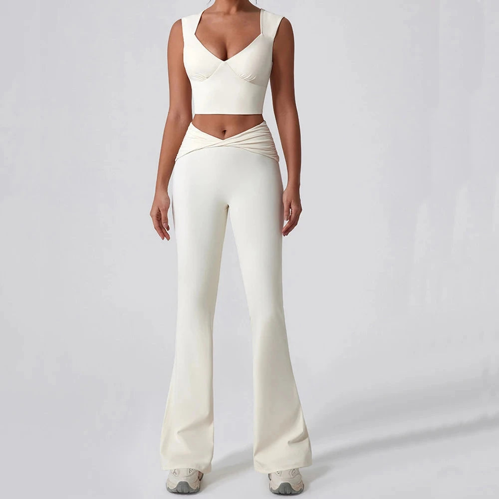 7. 1/2PCS Frauen Yoga Set Workout Hose Outfits Fitness Sportswear Gym Trainingsanzug Hohe Taille Flare Leggings Sport Bh sportlich Tragen Starlethics beige trouser set M