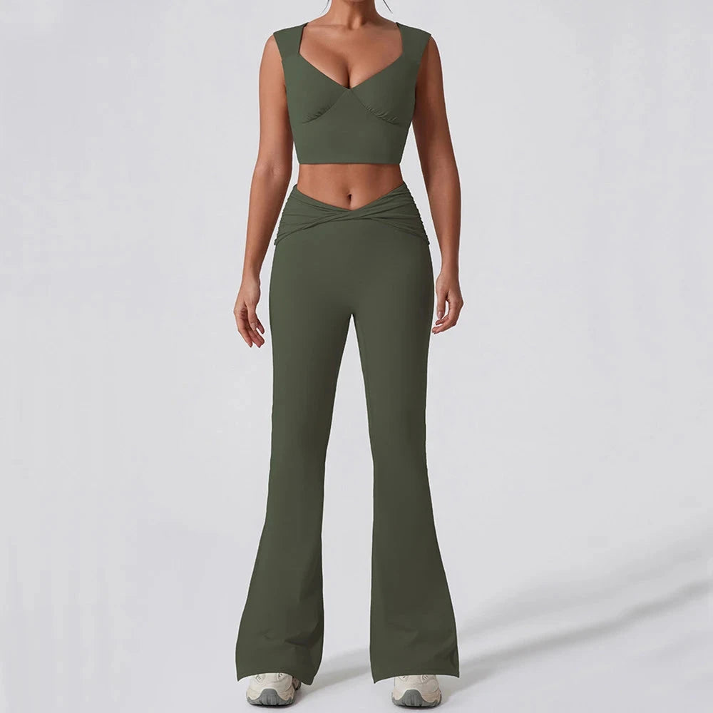 7. 1/2PCS Frauen Yoga Set Workout Hose Outfits Fitness Sportswear Gym Trainingsanzug Hohe Taille Flare Leggings Sport Bh sportlich Tragen Starlethics army trouser set M