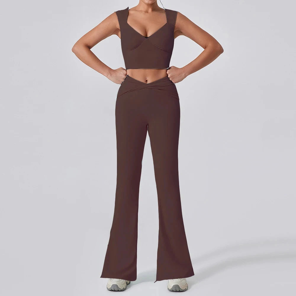 7. 1/2PCS Frauen Yoga Set Workout Hose Outfits Fitness Sportswear Gym Trainingsanzug Hohe Taille Flare Leggings Sport Bh sportlich Tragen Starlethics brown trouser set M