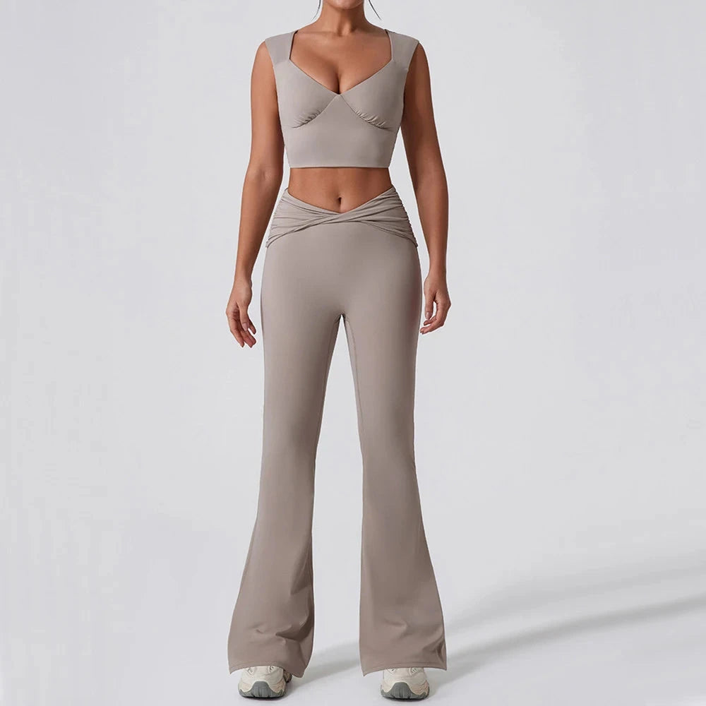 7. 1/2PCS Frauen Yoga Set Workout Hose Outfits Fitness Sportswear Gym Trainingsanzug Hohe Taille Flare Leggings Sport Bh sportlich Tragen Starlethics khaki trouser set M