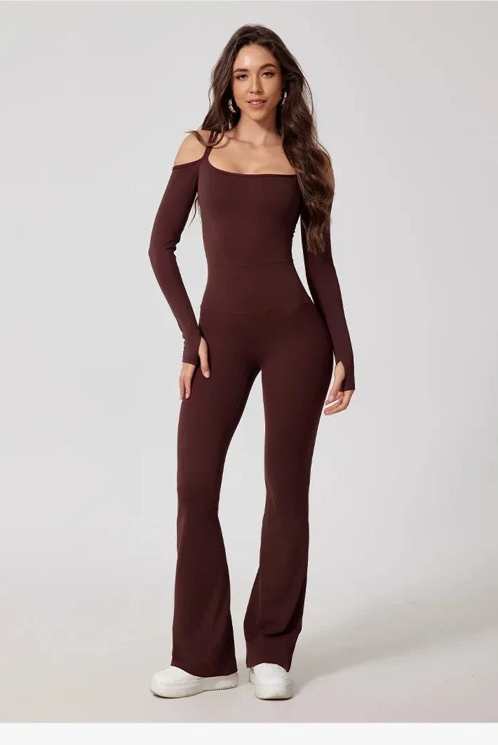 Toned Off-Shoulder Flared Jumpsuit Jumpsuit Starlethics Coffee S