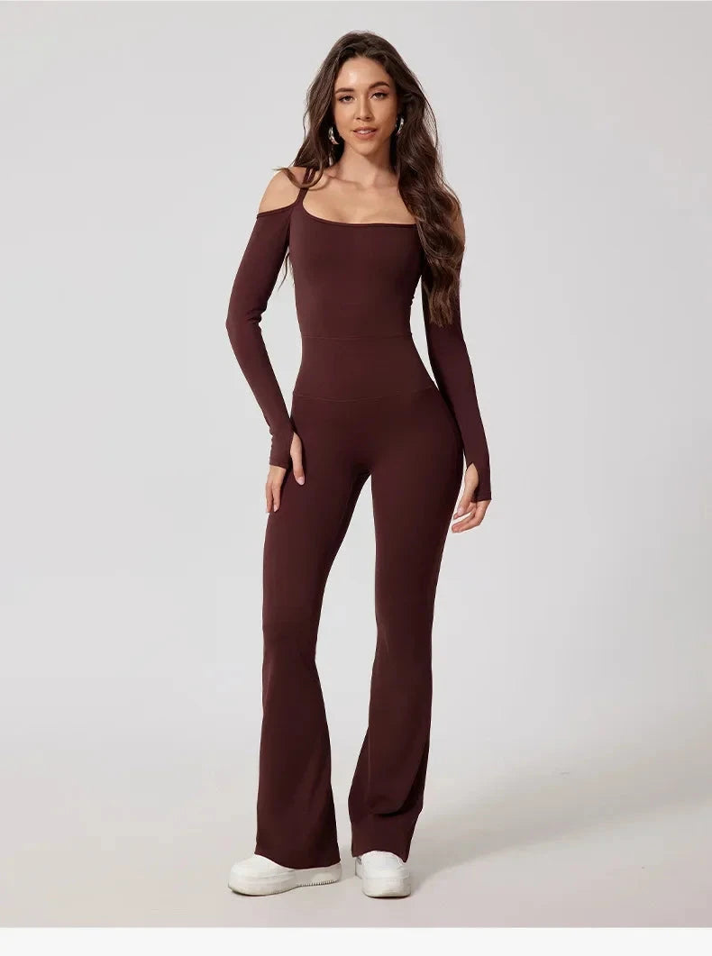 Toned Off-Shoulder Flared Jumpsuit Jumpsuit Starlethics Coffee S