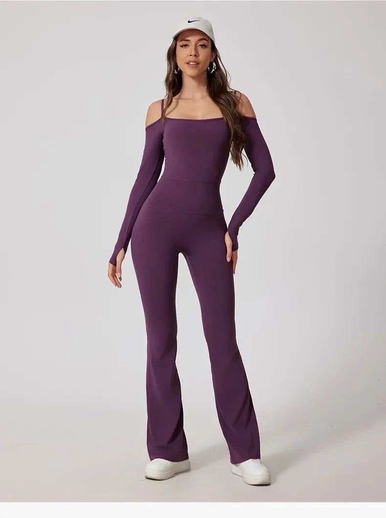 Toned Off-Shoulder Flared Jumpsuit Jumpsuit Starlethics Purple S