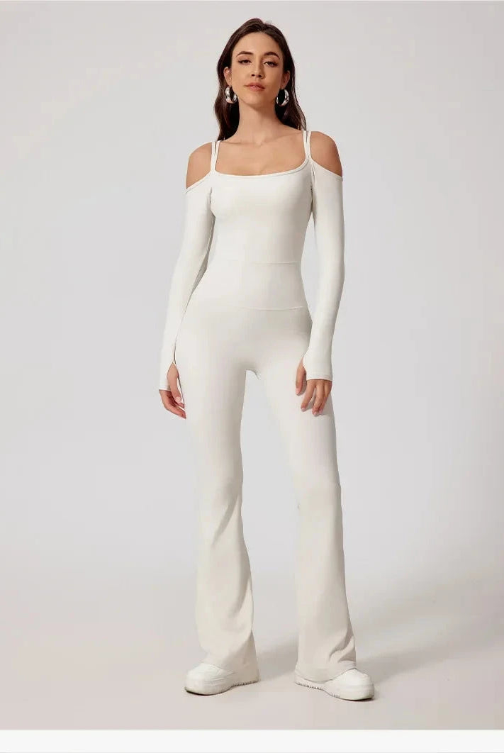 Toned Off-Shoulder Flared Jumpsuit Jumpsuit Starlethics White S