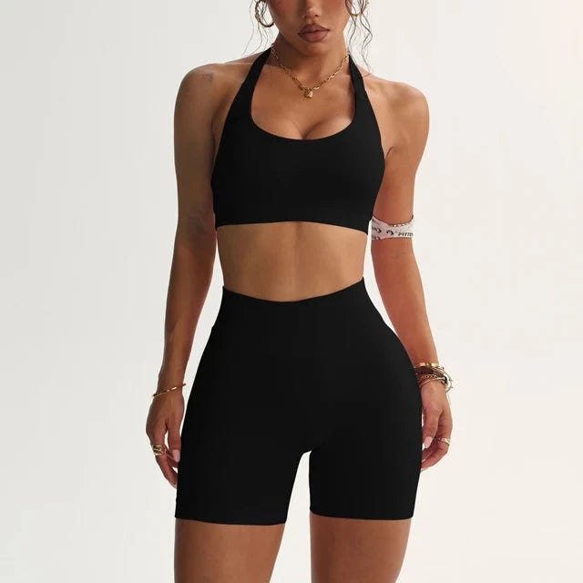 32.1 Impact Shorts Set Nahtloses Yoga-Set Damen Neckholder Sport-BH Niedrige Taille Scrunch Bum Gym Shorts 2-teilig Sportanzüge Trainingskleidung Starlethics Black M