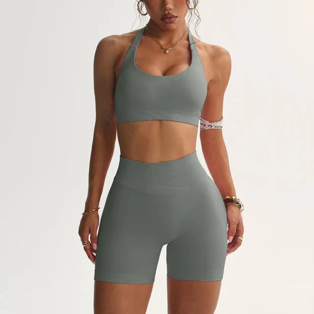 32.1 Impact Shorts Set Nahtloses Yoga-Set Damen Neckholder Sport-BH Niedrige Taille Scrunch Bum Gym Shorts 2-teilig Sportanzüge Trainingskleidung Starlethics