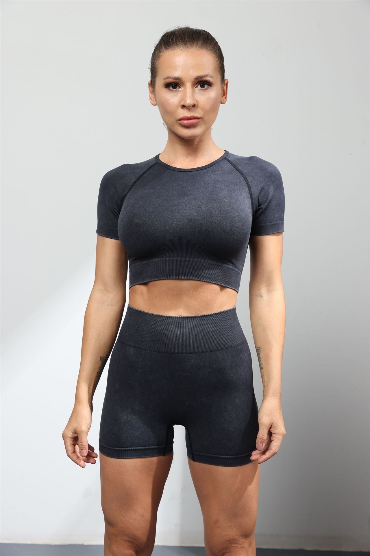 Lycra Gym Set - Shorts + Top Activewear Truetights Sand Wash Black S 