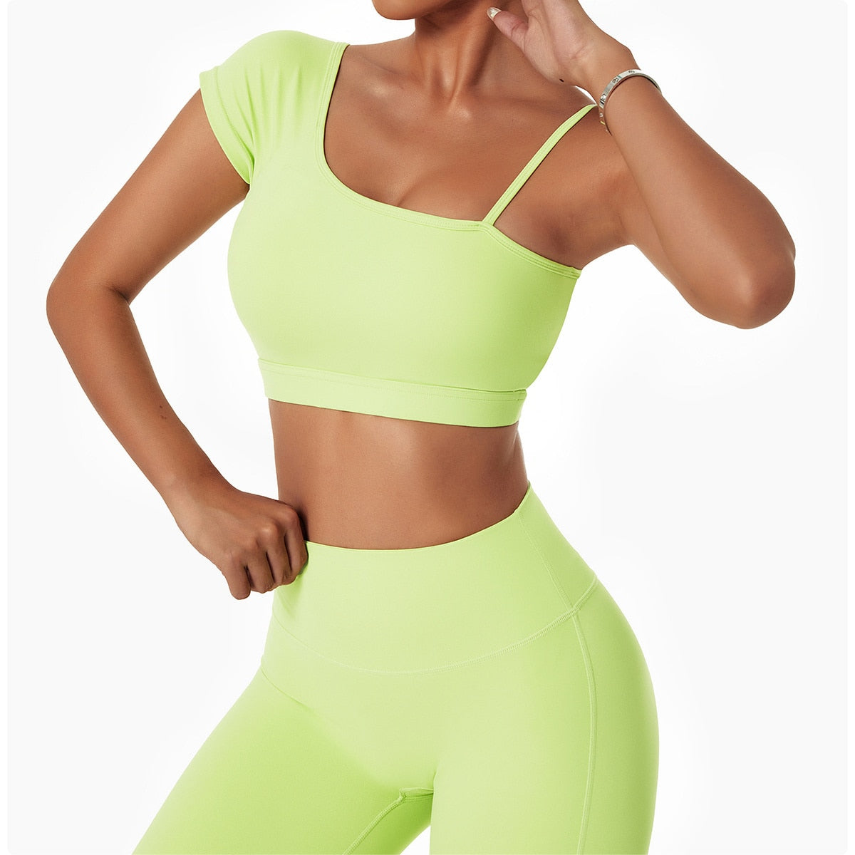 One Shoulder Spaghetti Strap Activewear Truetights Lime Green S-8