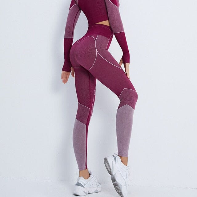 22 NCLAGEN Sports Fitness Suit Long Sleeve Top High Elastic High Waist Fitness Yoga Shirts Pants Activewear Blouses Running Set| | Home NCLAGEN GymClothing Store Wine Red Trousers S 