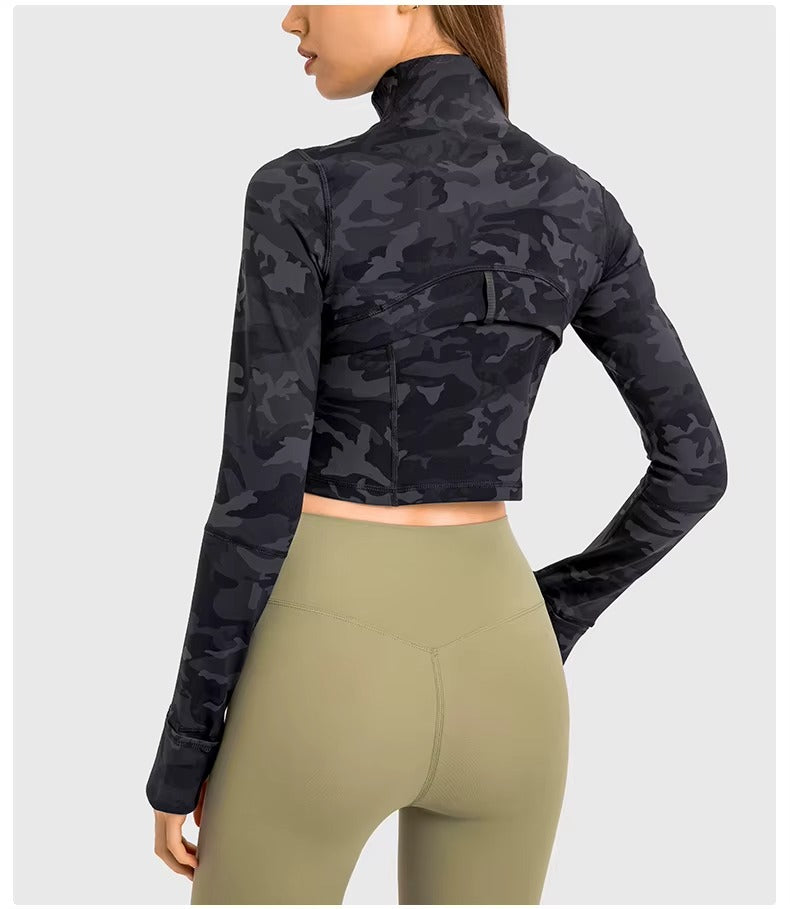 Flowline Zip-Up Cropped Jacket in Camo – Model View | Starlethics Activewear