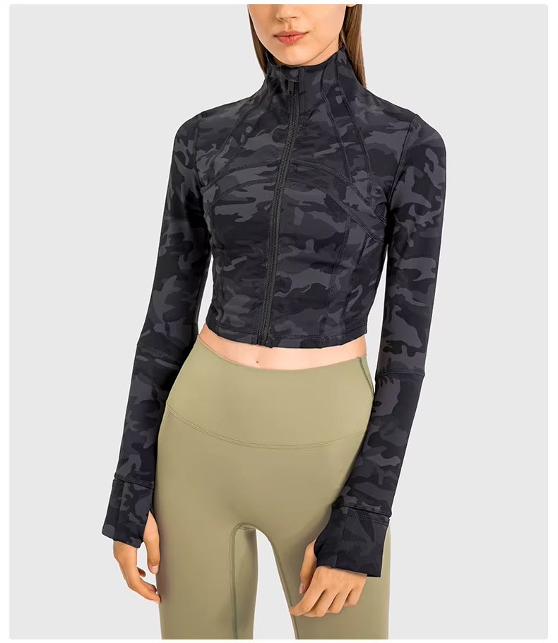 Flowline Zip-Up Cropped Jacket in Camo – Model View | Starlethics Activewear