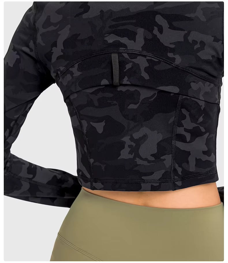 Flowline Zip-Up Cropped Jacket in Camo – Model View | Starlethics Activewear