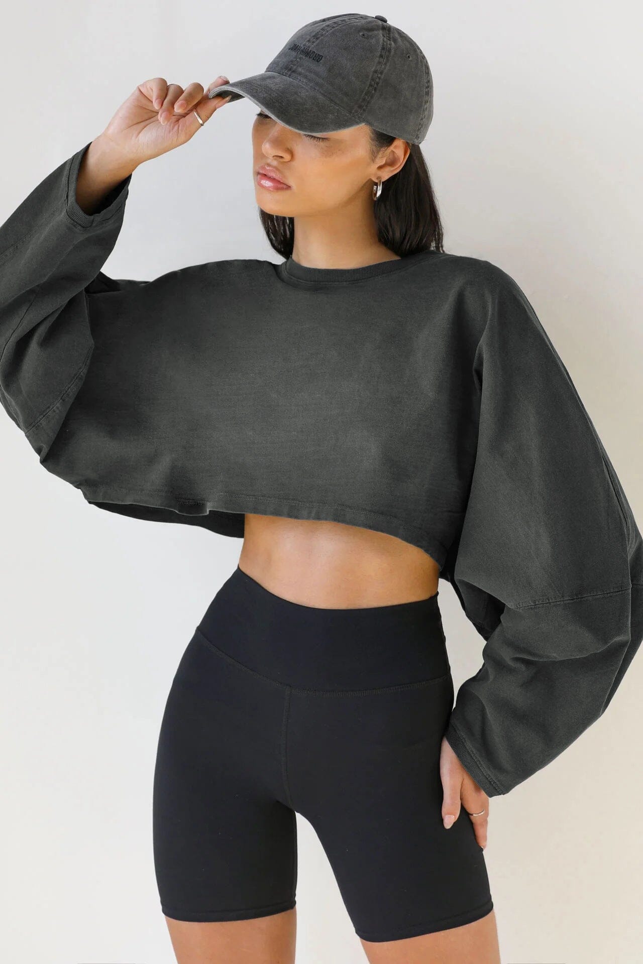 Emblem Long Sleeves Crop Top Top Starlethics Dark Charcoal Gray XS 