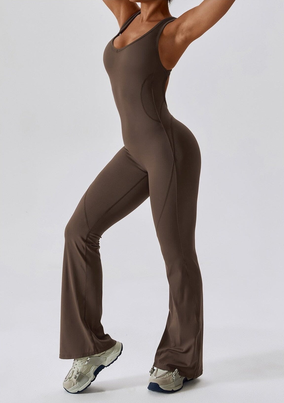 Flared Motion Backless Bodysuit Jumpsuit Starlethics Brown S 