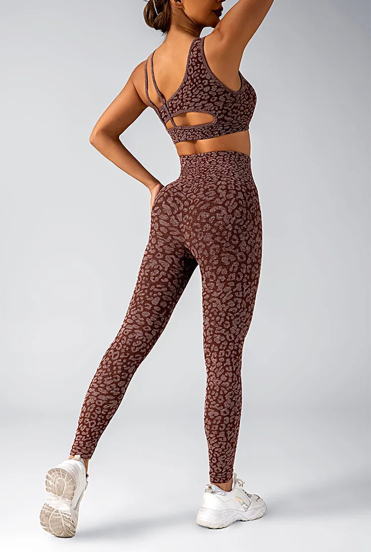 Fated Seamless Leopard Print Gym Set Leggings Top Coffee S