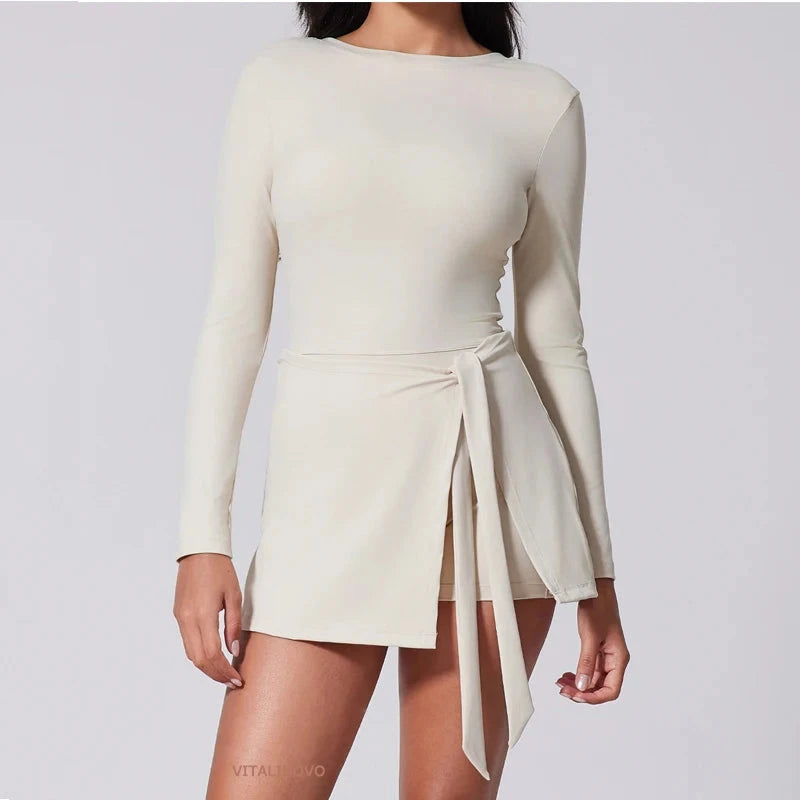 Ace Play Long Sleeve Tennis Dress Beige / L Ace Play Long Sleeve Tennis Dress Beige / L
