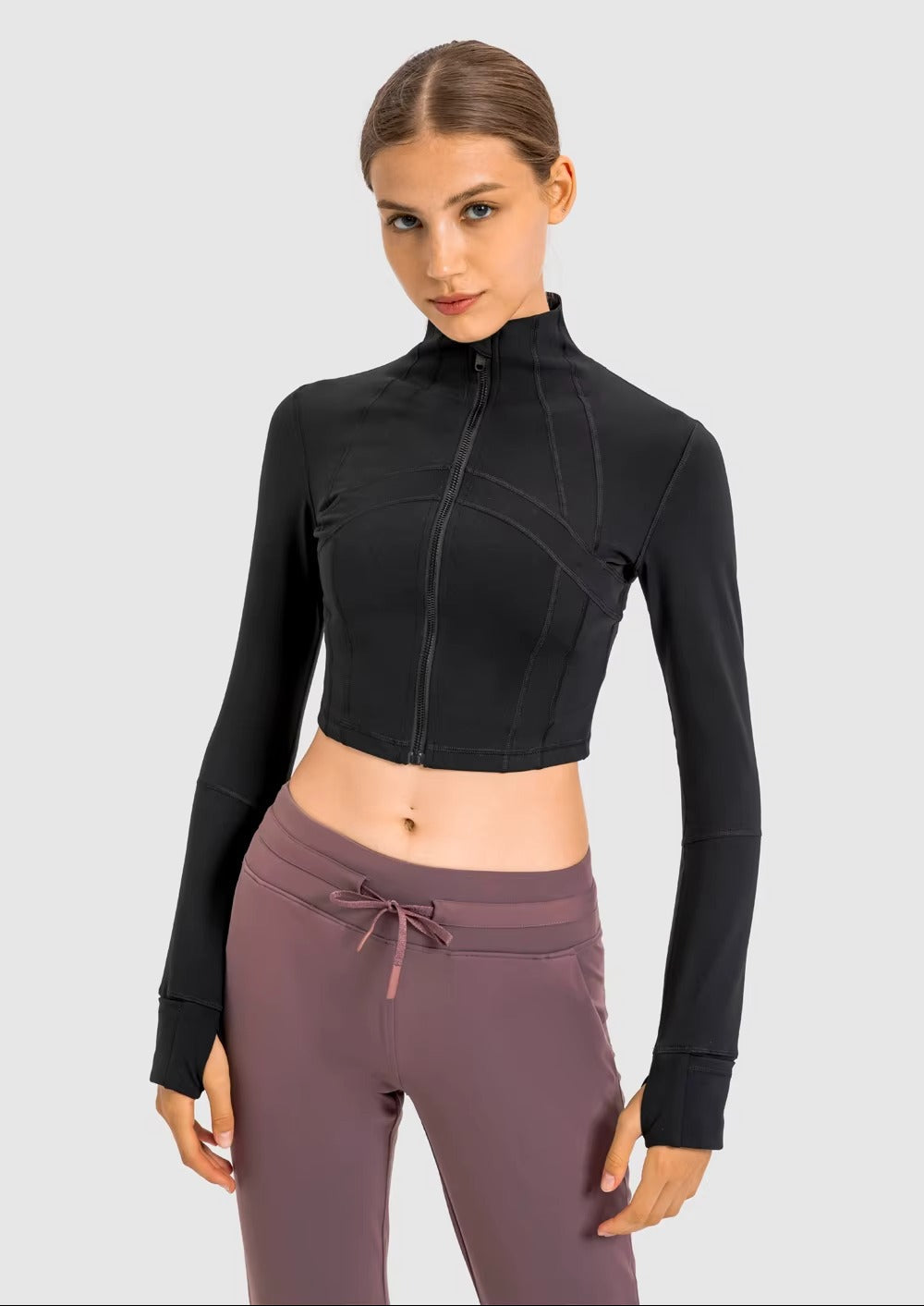 Flowline Zip-Up Cropped Jacket in Black – Model View | Starlethics Activewear