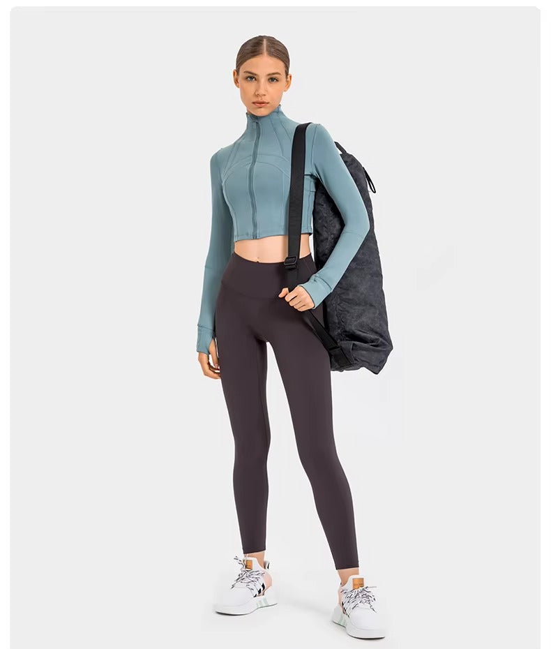 Flowline Zip-Up Cropped Jacket in Blue – Model View | Starlethics Activewear