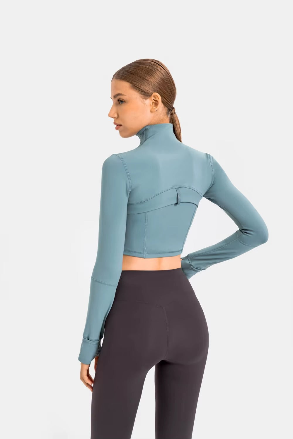 Flowline Zip-Up Cropped Jacket in Blue – Model View | Starlethics Activewear