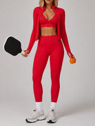 Model wearing the Red ContourFlex Three-Piece Set with top, jacket and leggings in a sporty standing pose.