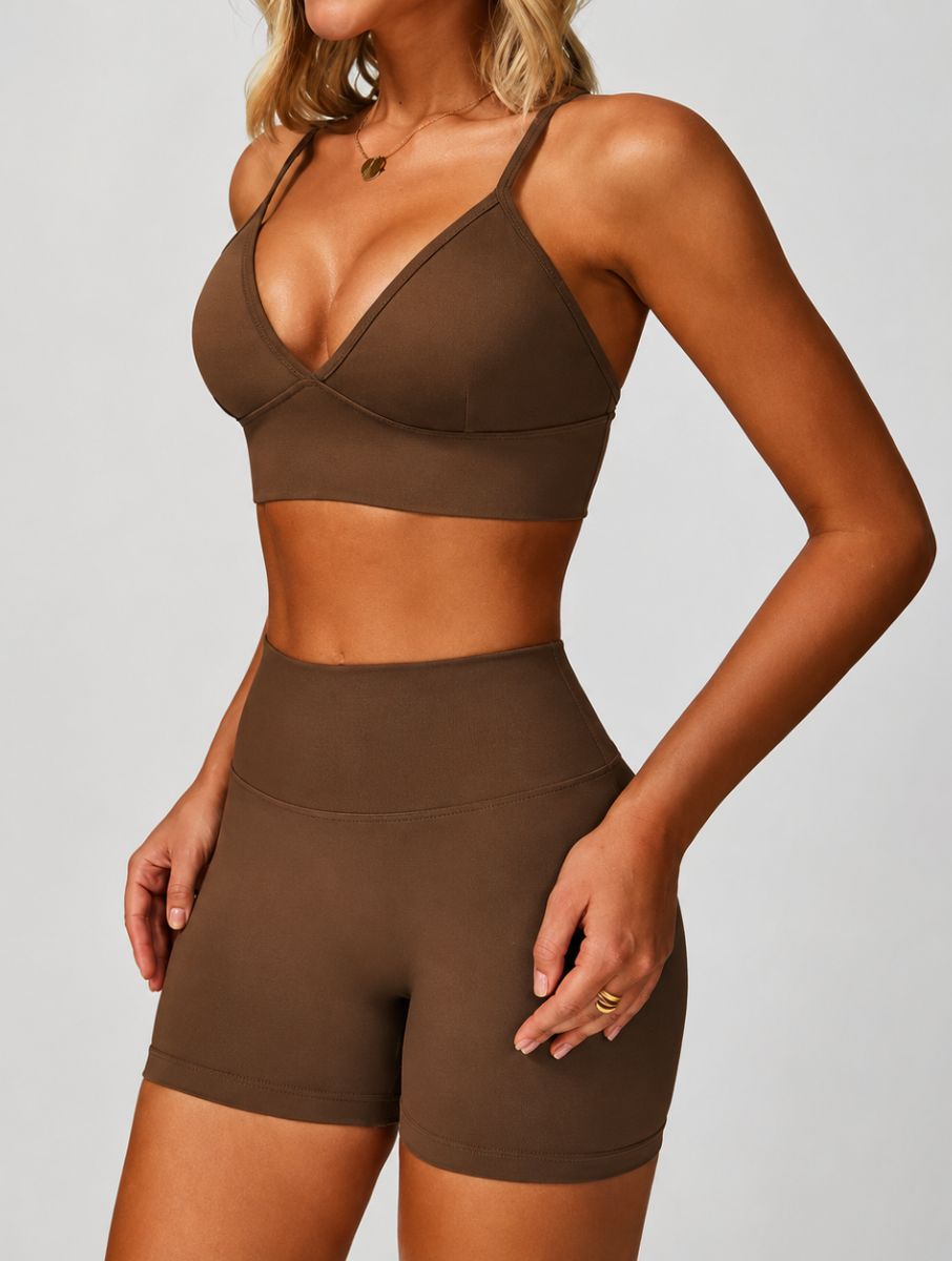 Woman wearing the ContourFlex Seamless Top & Shorts in Dark Coffee, standing in a relaxed front pose with hands by her sides.