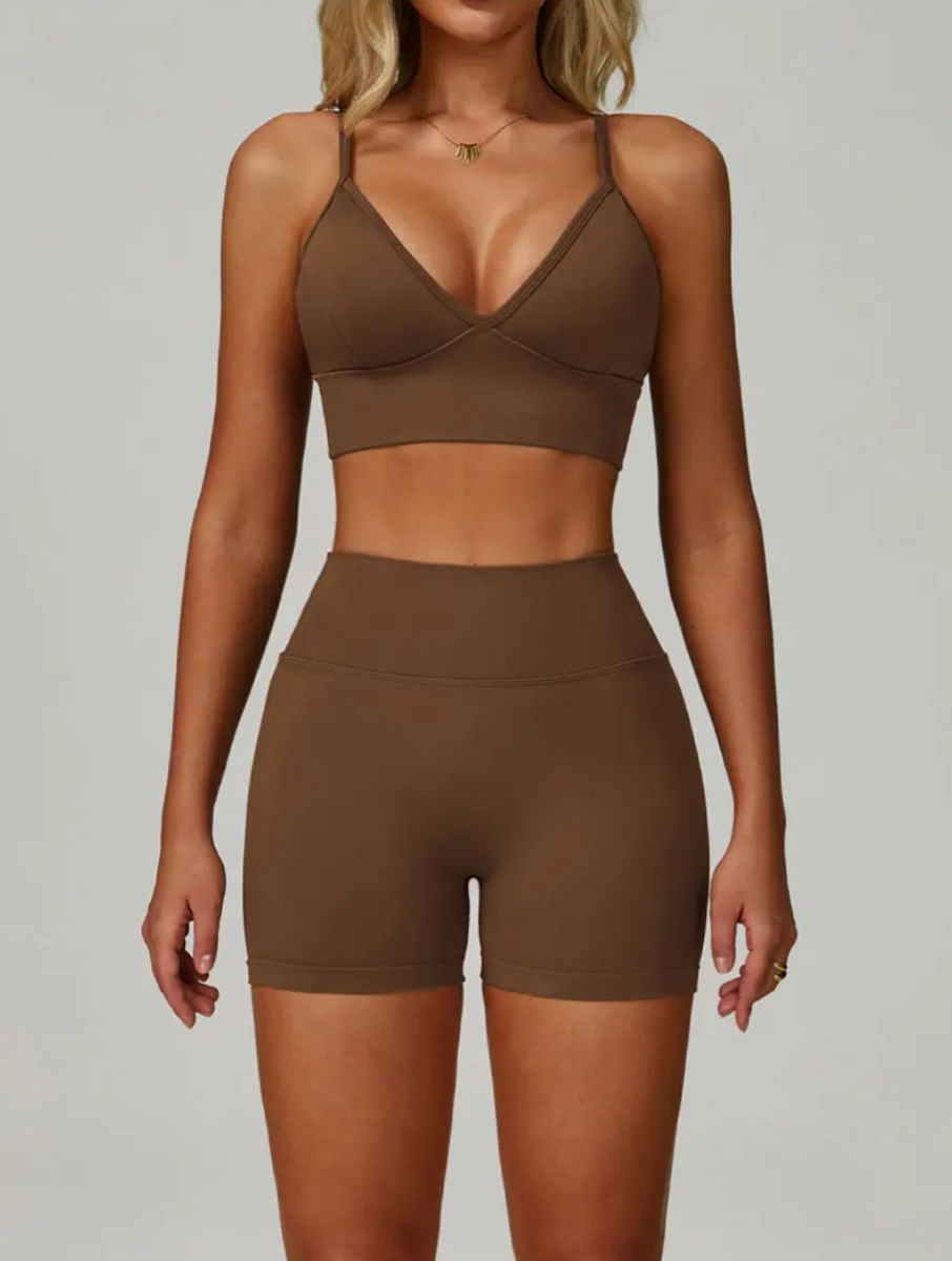 Woman wearing the ContourFlex Seamless Top & Shorts in Dark Coffee, standing in a straight front-facing pose.