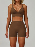 Woman wearing the ContourFlex Seamless Top & Shorts in Dark Coffee, standing in a straight front-facing pose.