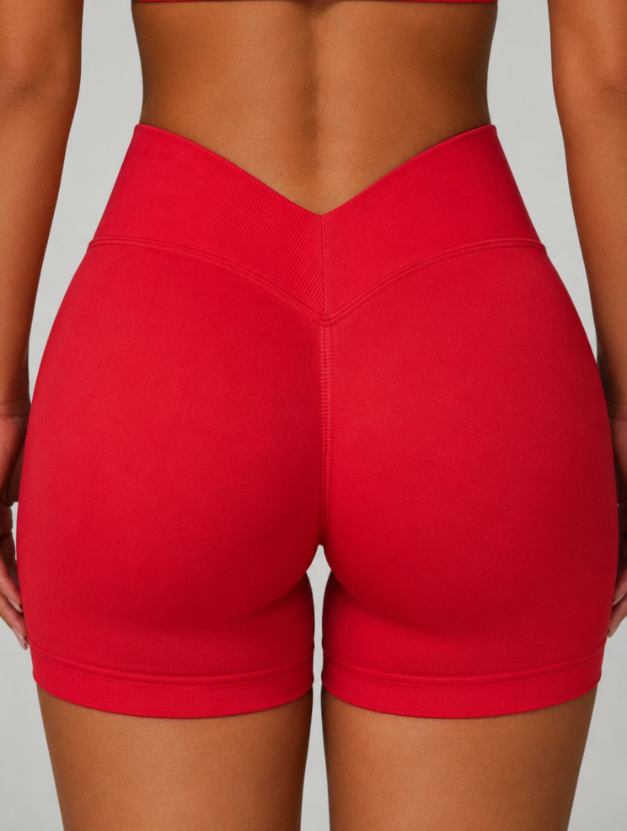 Close-up back view of the ContourFlex Seamless Shorts in Red, shown in a back-facing pose.