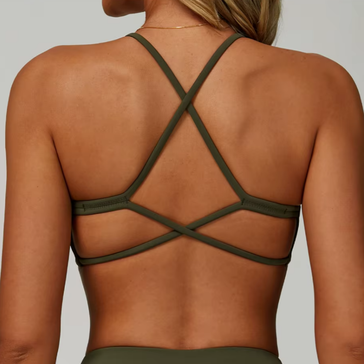 Elara Cross-Back Bra in Vine Green back view