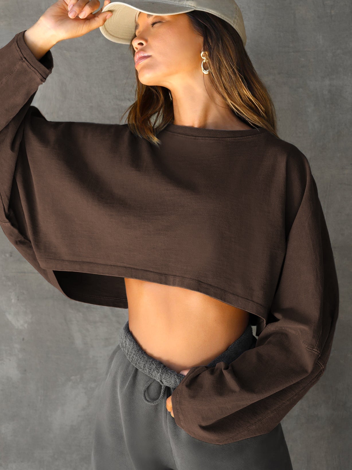 Emblem Long Sleeves Crop Top Top Starlethics Brown XS 