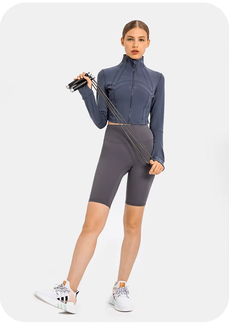 Flowline Zip-Up Cropped Jacket in Gray – Model View | Starlethics Activewear