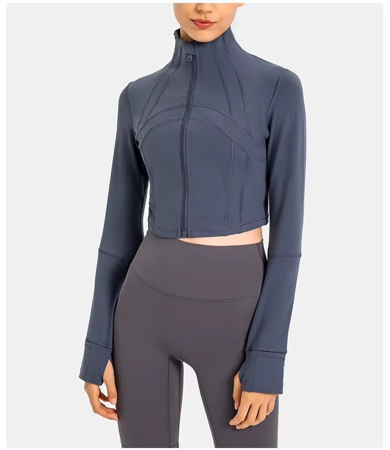 Flowline Zip-Up Cropped Jacket in Gray – Model View | Starlethics Activewear