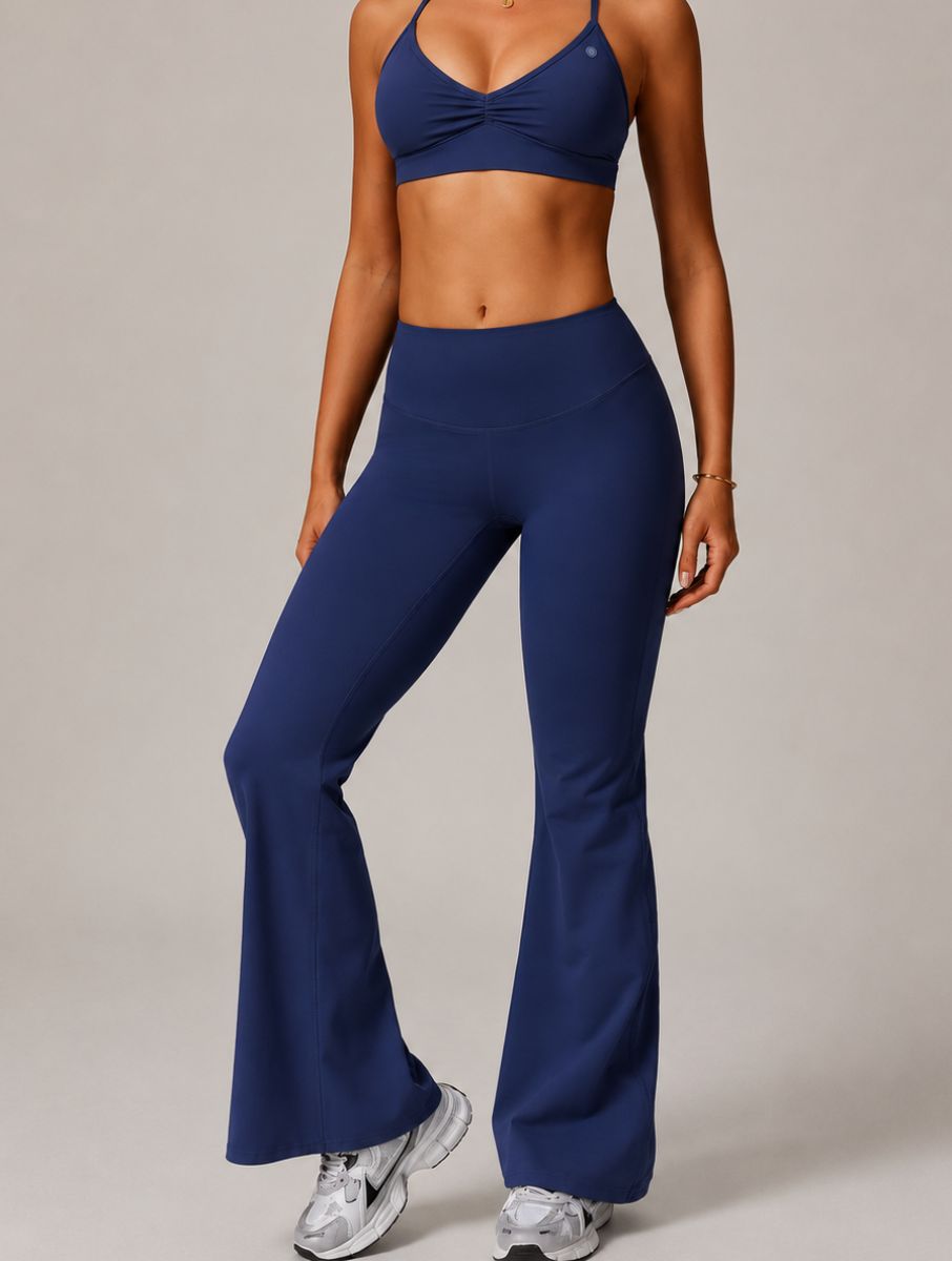 High-Waist Flared Yoga Leggings in navy blue, shown in a front pose with a flared-leg design.