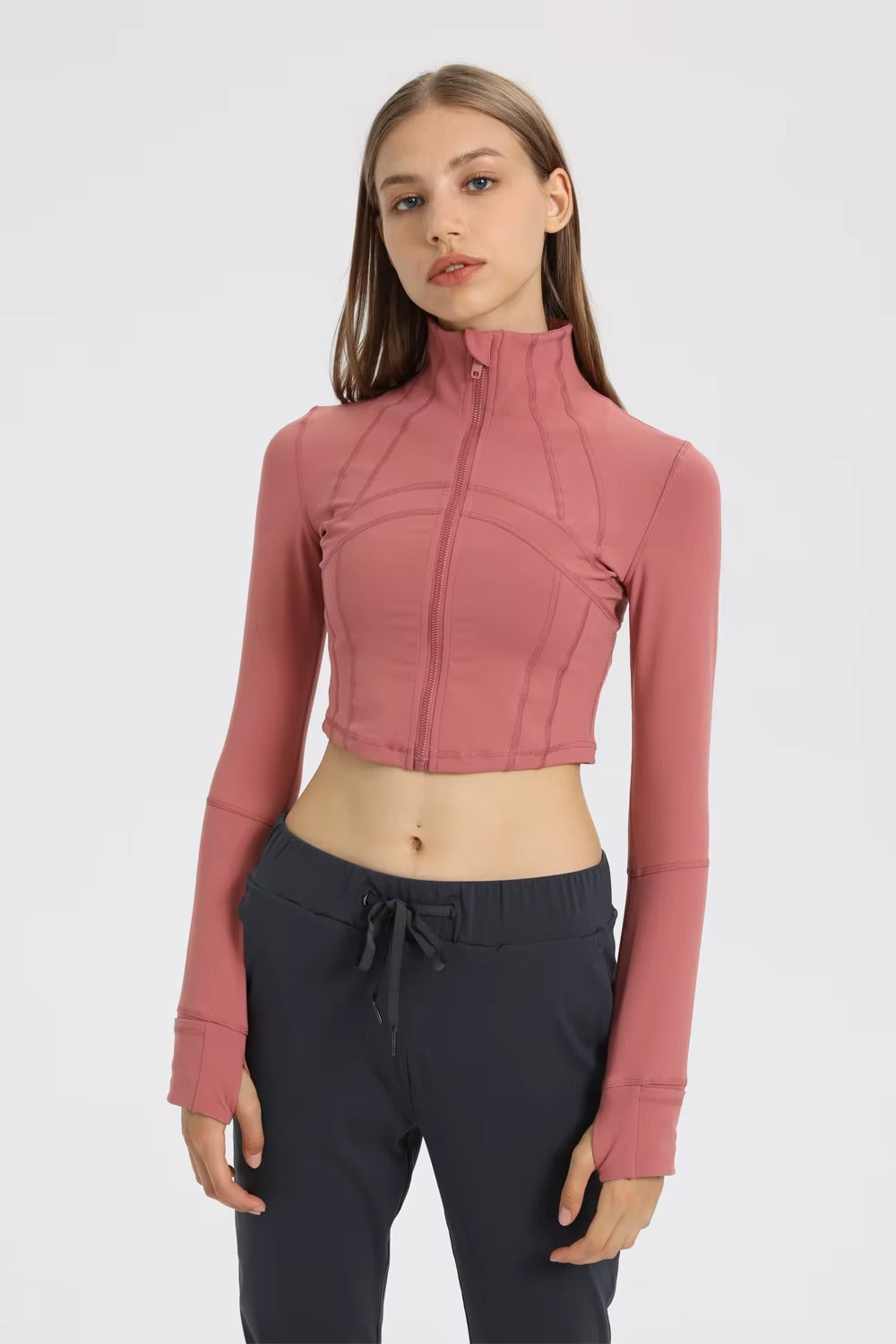 Flowline Zip-Up Cropped Jacket in Pink – Model View | Starlethics Activewear