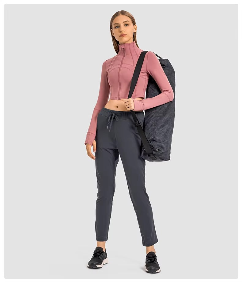 Flowline Zip-Up Cropped Jacket in Pink – Model View | Starlethics Activewear
