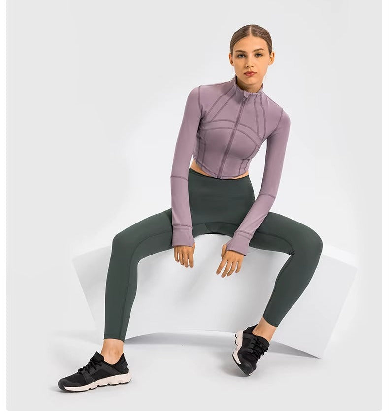 Flowline Zip-Up Cropped Jacket in Purple – Model View | Starlethics Activewear