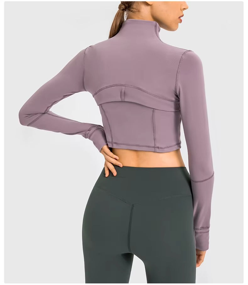 Flowline Zip-Up Cropped Jacket in Purple – Model View | Starlethics Activewear