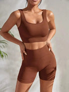 8. Nahtlose gerippte Yoga-Sets Trainings sets für Frauen 2-teilige Fitness anzüge gerippte Ernte Tank Shorts mit hoher Taille Outfits Fitness Laufen Starlethics BROWN L 
